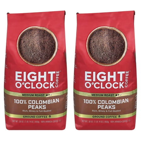 (2 pack) (2 pack) Eight O'Clock 100% Colombian Peaks Medium Roast Ground Coffee, 30 Oz, Bag