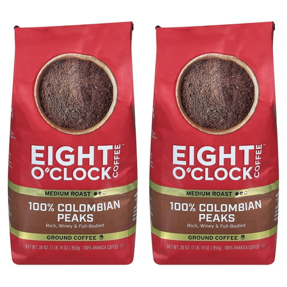 (2 pack) (2 pack) Eight O'Clock 100% Colombian Peaks Medium Roast Ground Coffee, 30 Oz, Bag