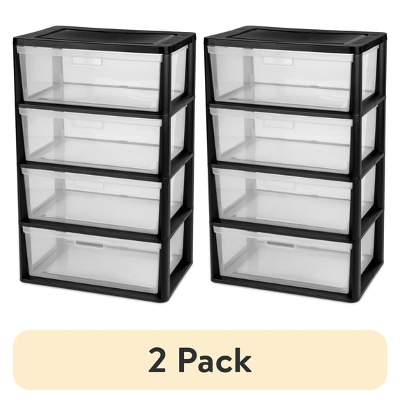 (2 pack) Sterilite Wide 4 Drawer Tower, Plastic Storage Organizer with Removable Clear Bins, Easy Assembly, No Tools Needed, Black