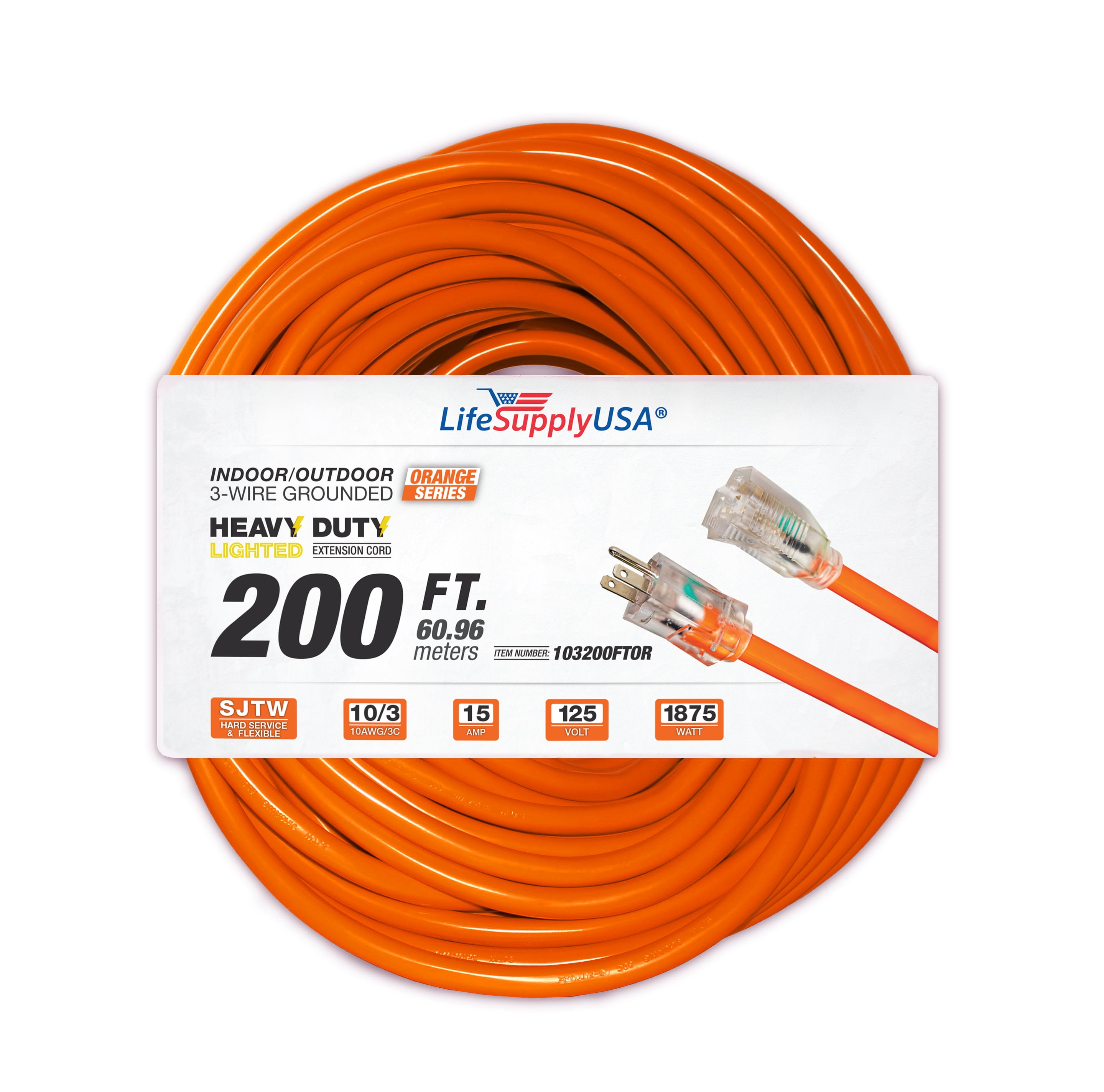 (2-Pack) 200 ft Power Extension Cord Outdoor & Indoor Heavy Duty 10 gauge/3 Prong SJTW (Orange) Lighted End Extra Durability 10 Amp 125 Volts 1250