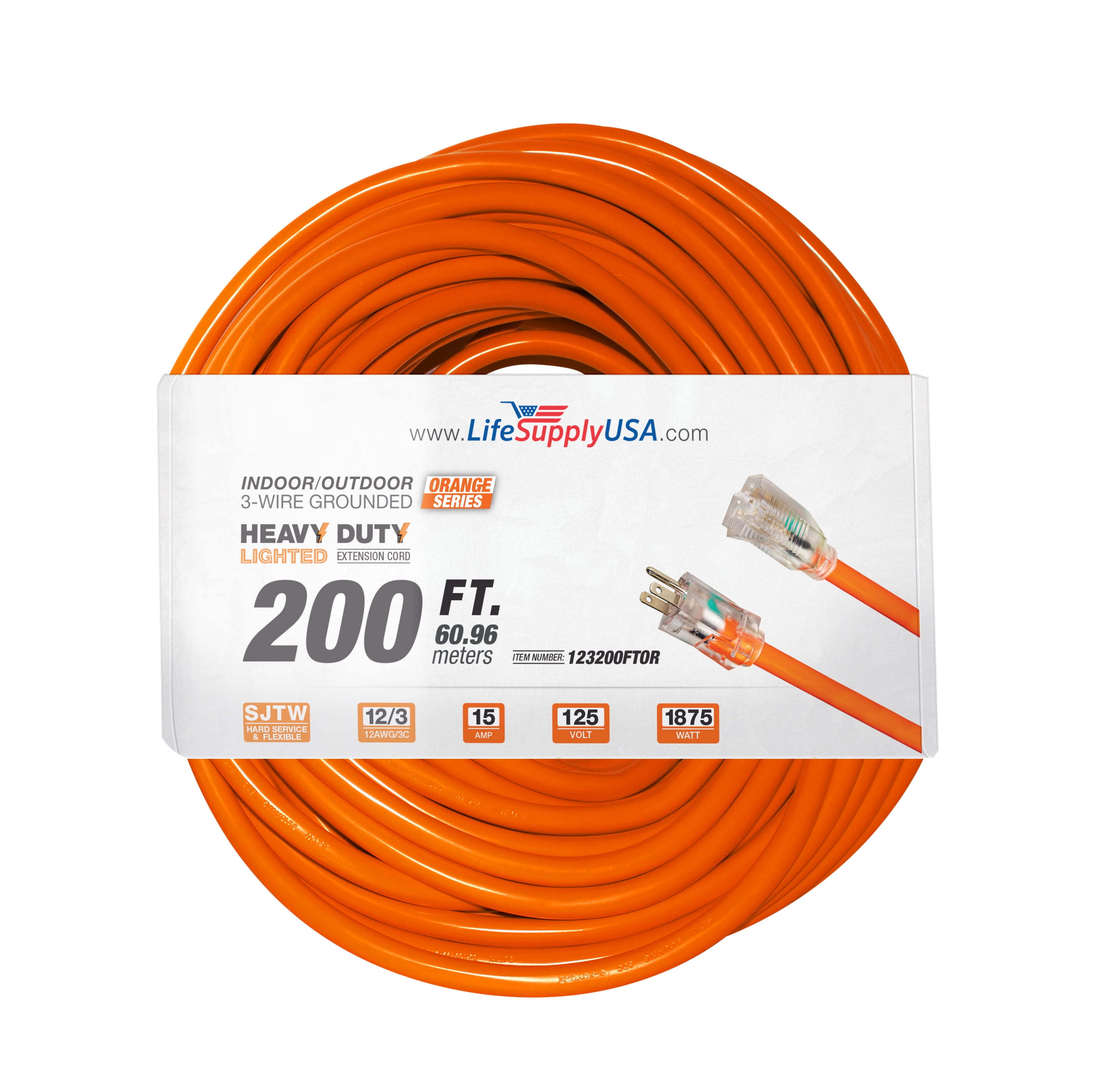 200 ft Power Extension Cord Outdoor  Indoor Heavy Duty 12 gauge/3 prong  SJTW (Orange) Lighted end Extra Durability AMP 125 Volts 1000 Watts by  LifeSupplyUSA