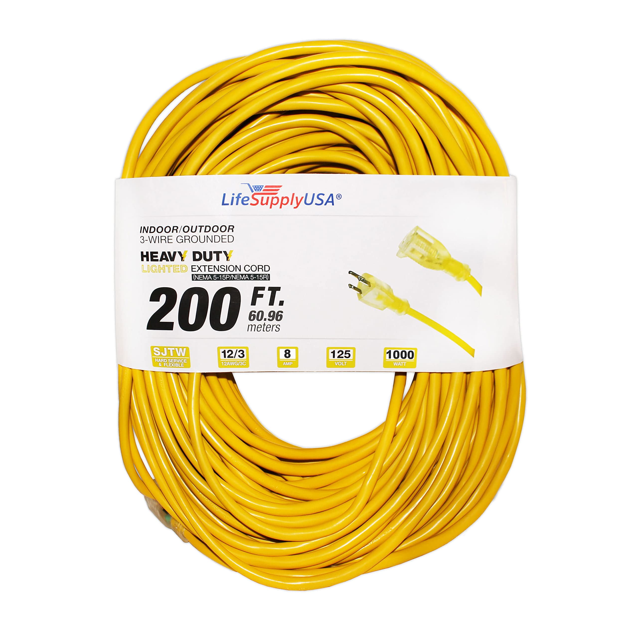 (2-pack) 200 ft Power Extension Cord Outdoor  Indoor Heavy Duty 12 gauge/3  prong SJTW (Yellow) Lighted end Extra Durability AMP 125 Volts 1000 Watts  by LifeSupplyUSA