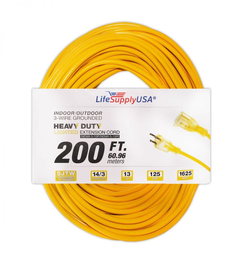 2-pack) 200 ft Power Extension Cord Outdoor  Indoor Heavy Duty 14 gauge/3  prong SJTW (Yellow) Lighted end Extra Durability AMP 125 Volts 875 Watts  by LifeSupplyUSA