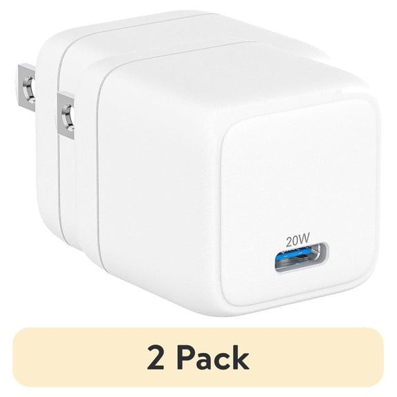 (2 pack) onn 20W Single USB-C Port Wall Fast Charger with 3ft C-C Cable, USB-IF Certified,Foldable Plug, White