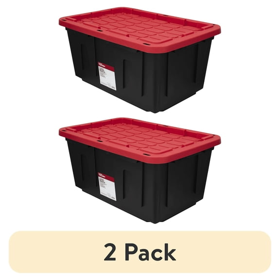 (2 pack) 27 Gallon Large Storage Bin with Snap Lid, Black and Red, Heavy Duty Plastic Storage Container
