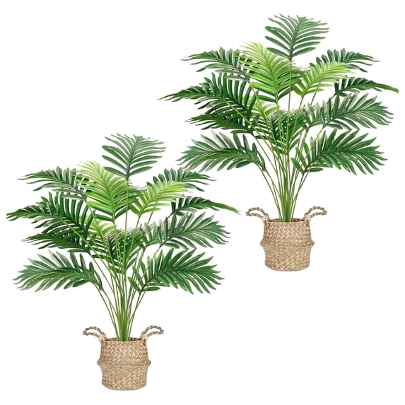 2 Pack 28 Inch Tall Fake Areca Palm Tree, Artificial Potted Plants with Hand-Woven Handle Baskets for Home Office Porch Balcony Bedroom Decor