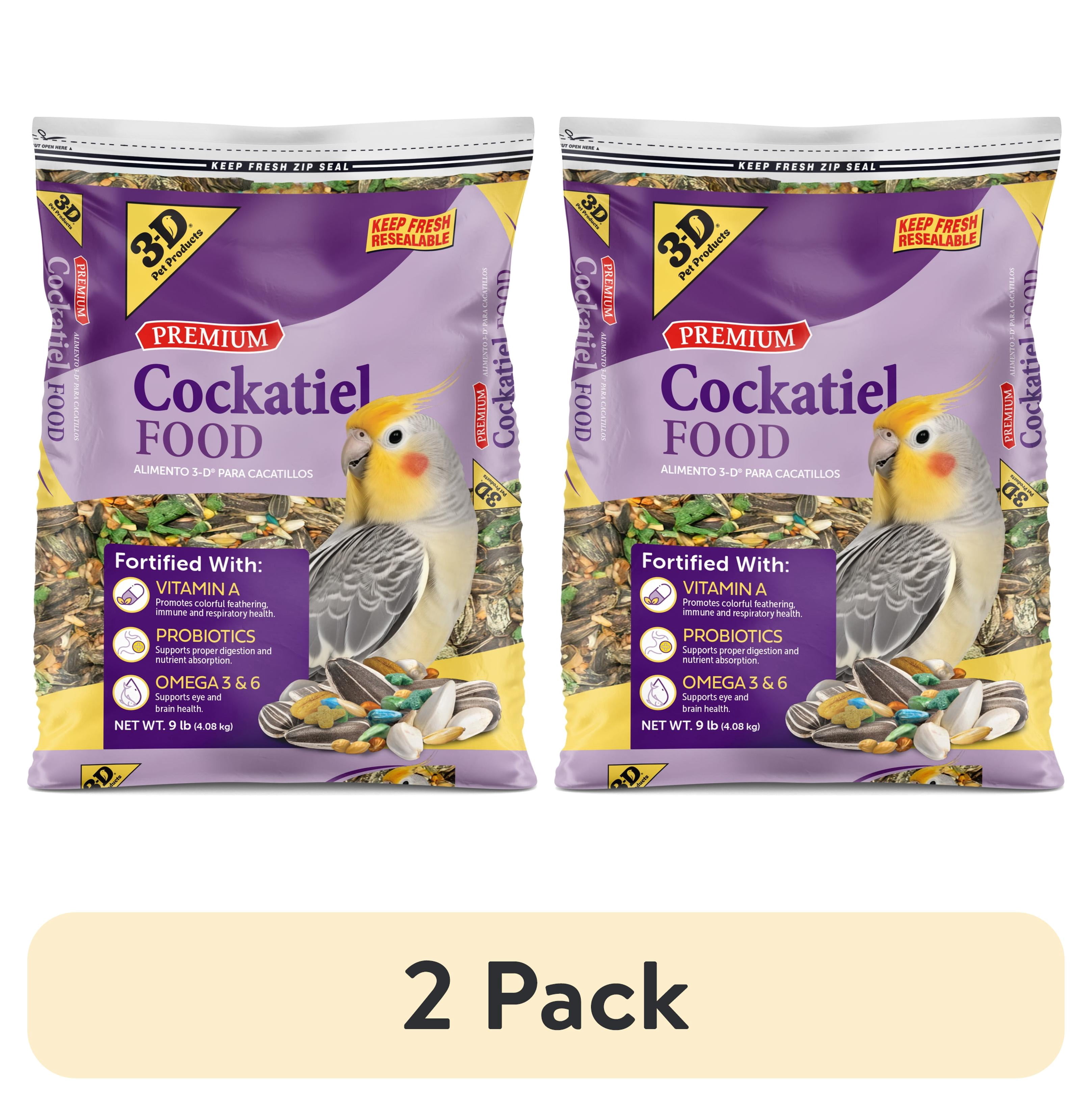 (2 pack) 3-D Pet Products Premium Cockatiel Mix Bird Food Seeds, with Probiotics, 9 lb. Bag