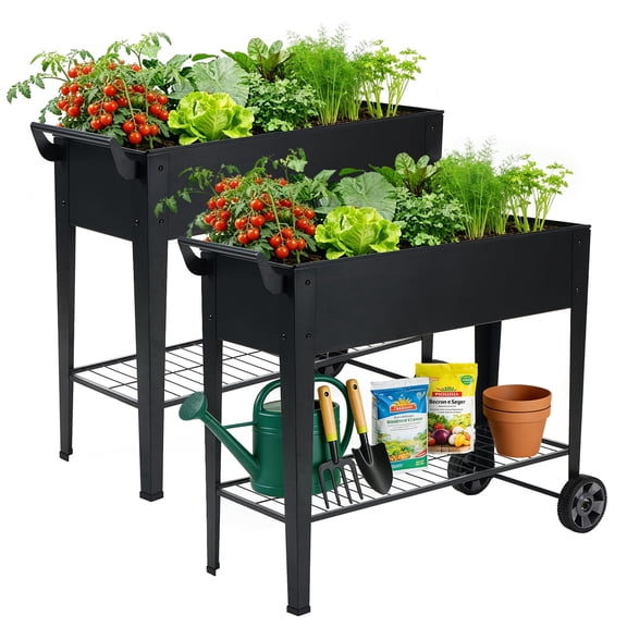 2-pack 32"height Elevated Raised Garden Bed With Wheels & Storage Shelf 400 Lbs Capacity Anti-rust Space-saving Planter For Vegetables Herbs Patio Balcony Backyard
