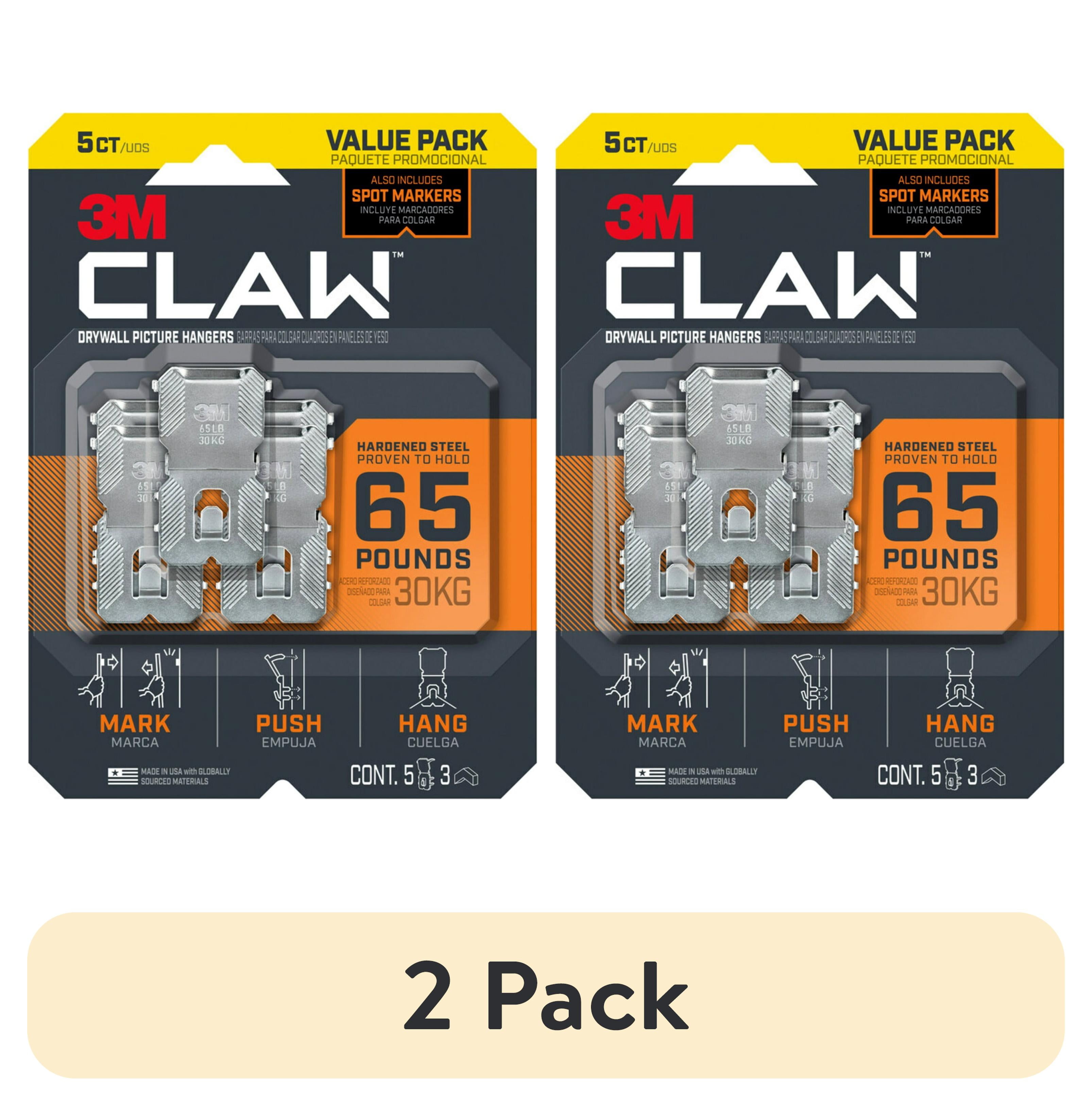 (2 pack) 3M CLAW 65 lb. Drywall Picture Hanger with Spot Marker, Gray, Heavyweight Hanging Solution for Room Decor and Office Decor, Including Mirrors or Large Art, 5 Wall Hangers, 3 Spot Markers