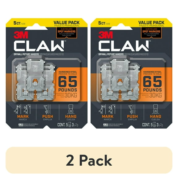 (2 pack) 3M CLAW 65 lb. Drywall Picture Hanger with Spot Marker, Gray, Heavyweight Hanging Solution for Room Decor and Office Decor, Including Mirrors or Large Art, 5 Wall Hangers, 3 Spot Markers