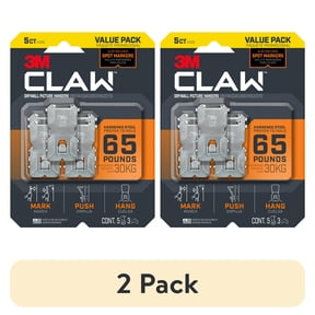 (2 pack) 3M CLAW 65 lb. Drywall Picture Hanger with Spot Marker, Gray, Heavyweight Hanging Solution for Room Decor and Office Decor, Including Mirrors or Large Art, 5 Wall Hangers, 3 Spot Markers