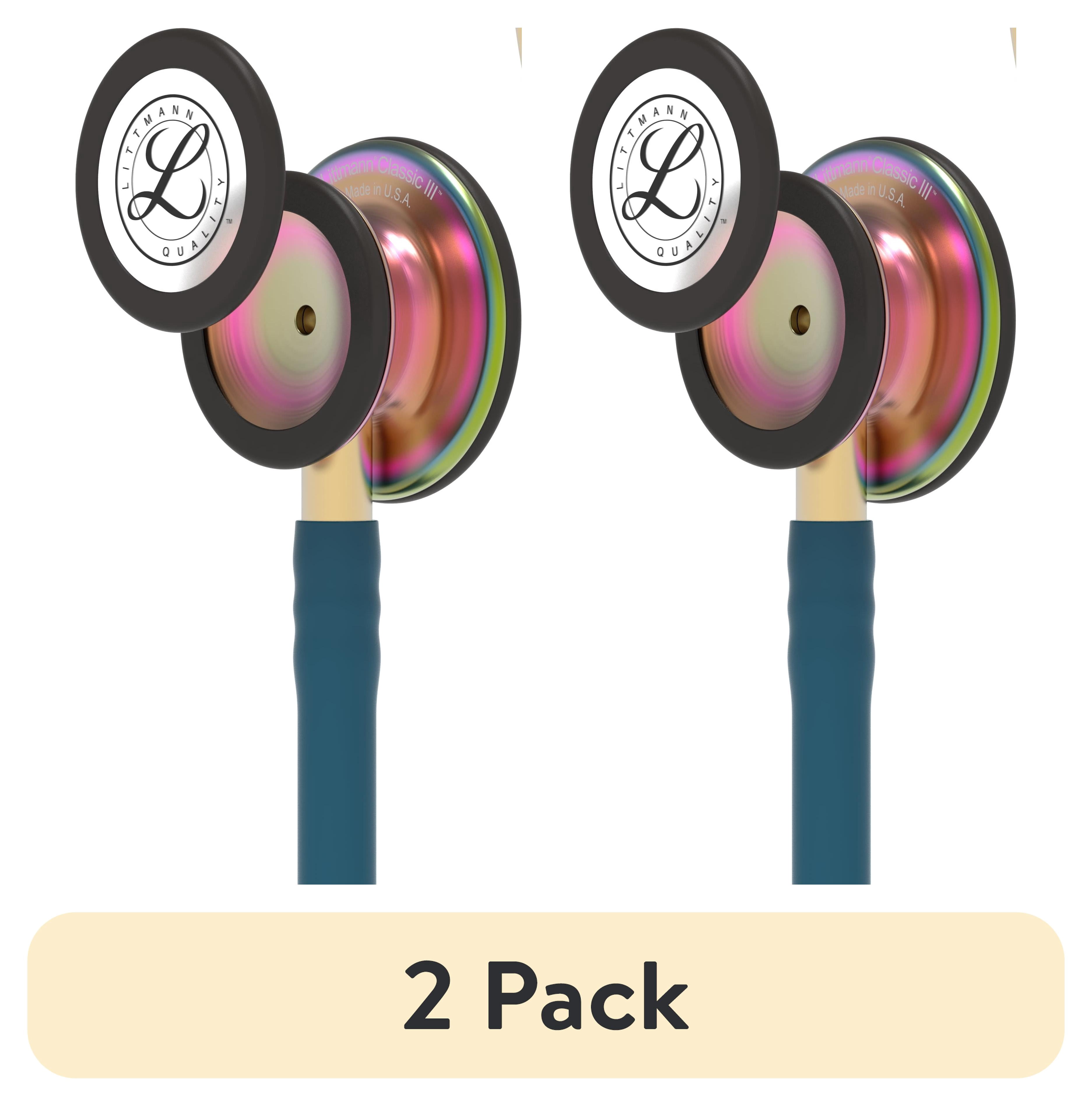 (2 pack) 3M Littmann Classic III Monitoring Stethoscope, 5807, Stainless Steel Rainbow-Finish Chestpiece, 27" Caribbean Blue Tube