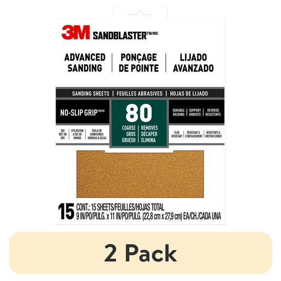(2 pack) 3M Sandblaster No-Slip Grip Sandpaper, 9 in x 11 in, 80 Grit, 15 Pack