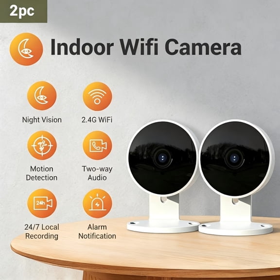 2-pack 3MP indoor cameras with AI voice-changing two-way talk, motion detection and night vision. Dual storage options and round-the-clock recording for home security.