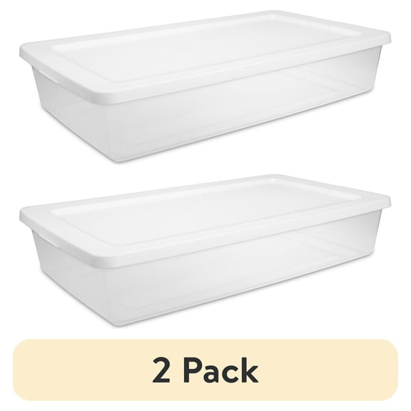 (2 pack) 41 Quart Medium Storage Bin, Clear Plastic Underbed Storage Container with Snap-On Lid, White