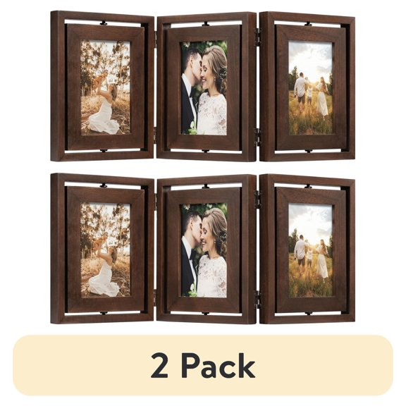 (2 pack) 4x6 Picture Frame Rustic Wood Hinged Folding Triple Picture Frames Collage, Double-Sided Display Rotatable High Definition Glass Photo Frame ,Walnut