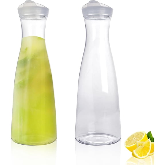 2 pack 50 oz Plastic Water Carafe with Flip Top Lid, Round Base Juice Containers for Mimosa Bar - BPA-Free Leakproof Beverage Pitcher for Water, Iced Tea, Milk & Fridge Storage2Pack/50oz