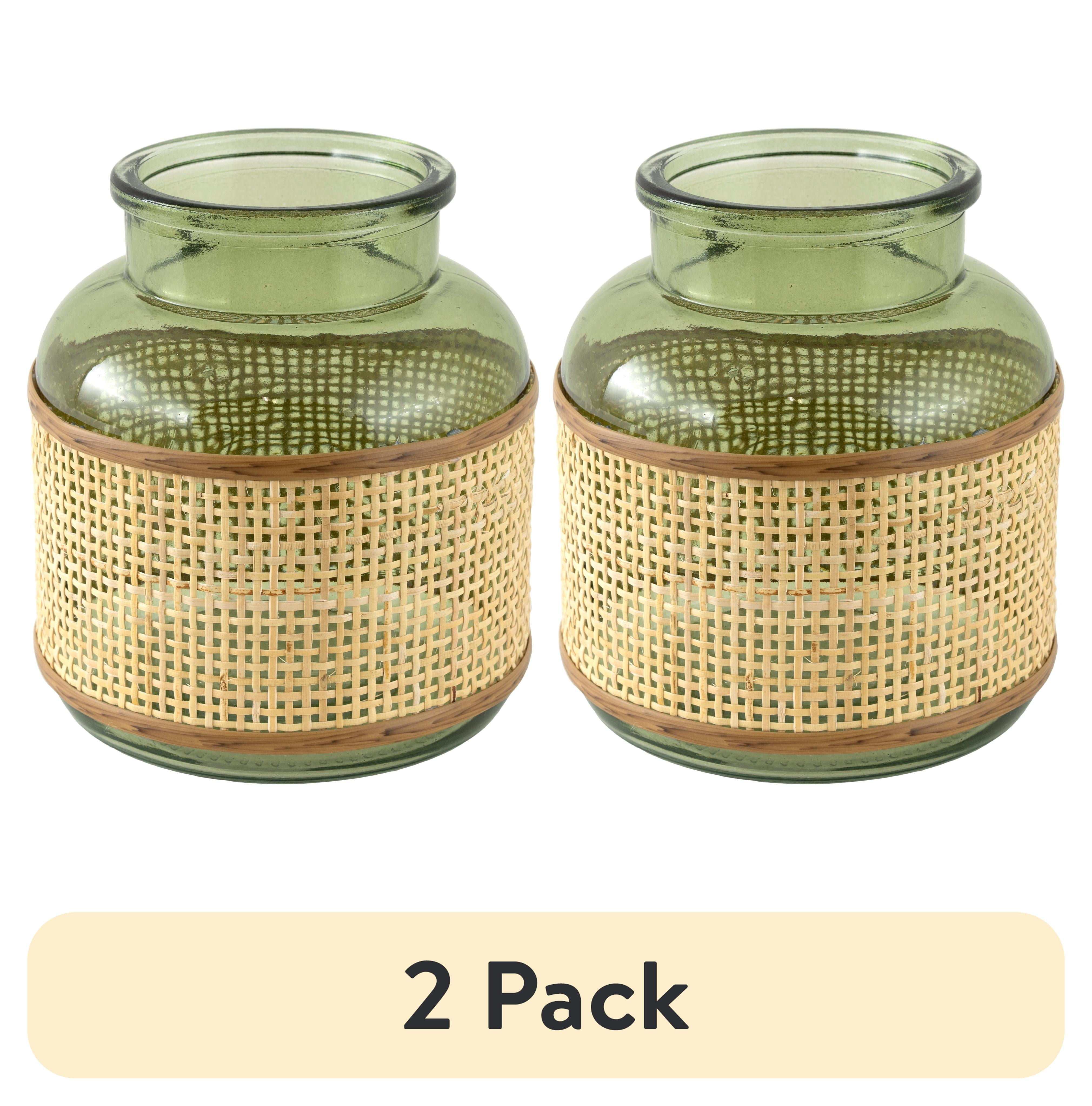 (2 pack) Home Decor Collection 6" Green Translucent Glass Indoor Tabletop Vase with Natural Rattan Caning Wrap