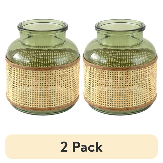 (2 pack) Home Decor Collection 6" Green Translucent Glass Indoor Tabletop Vase with Natural Rattan Caning Wrap
