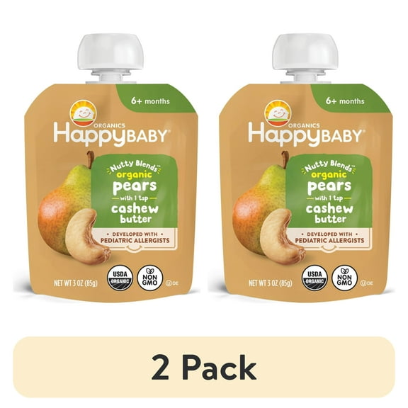 (2 pack) Happy Baby Organics Nutty Blends Stage 2, Pears & Cashew Butter Organic Baby Food, 3 oz Pouch