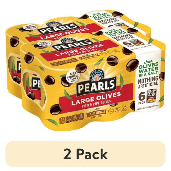 (2 pack) 6 pack Pearls Ripe Pitted Large Black Olives, 6 oz Can. No Artificial Colors. Major Allergens Not Contained.