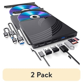 (2 pack) 8 in 1 External CD/DVD Drive for Laptop, USB 3.0 Ultra Slim External CD/DVD Player with 4 USB-A Ports, 1 Type-C Port, 2 TF/SD Card Slots, External CD/DVD Burner Compatible with macOS/Windows/Linux