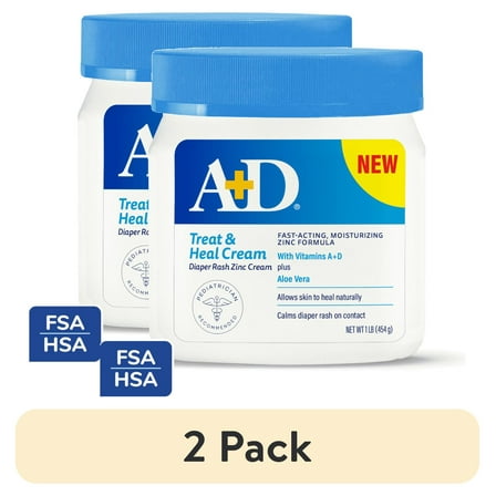 (2 pack) A+D Treat & Heal Diaper Rash Cream, Zinc Oxide 10%, Easy Spreading Diaper Rash Cream for Baby, 16 oz