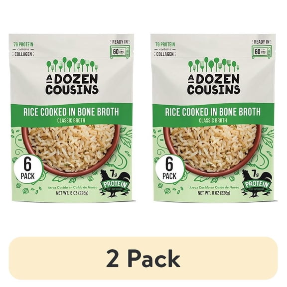(2 pack) A Dozen Cousins Rice Cooked in Bone Broth, Collagen-Rich Gluten-Free Microwave Side Dish, 8 oz Pouch