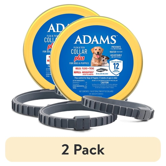 (2 pack) ADAMS Flea & Tick Collar Plus for Dogs & Puppies, 12 Months Protection Flea Infestations, Kills Fleas & Ticks, Repels Mosquitoes For Up To 6 Months (Excl. California), One Size Fits All, 2 Count