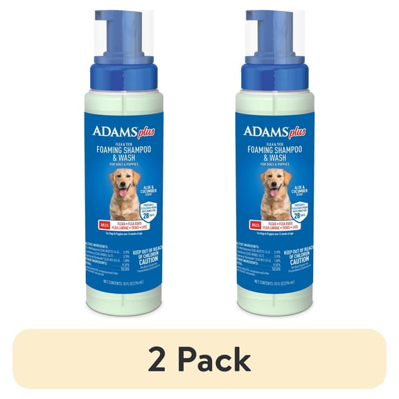 (2 pack) ADAMS Plus Flea & Tick Foaming Shampoo & Wash for Dogs & Puppies, Flea Shampoo to Treat Flea Infestations, Kills Ticks, Fleas, Flea Eggs & Lice, Cleans and Conditions Coat, 10 fl oz