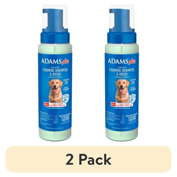 (2 pack) ADAMS Plus Flea & Tick Foaming Shampoo & Wash for Dogs & Puppies, Flea Shampoo to Treat Flea Infestations, Kills Ticks, Fleas, Flea Eggs & Lice, Cleans and Conditions Coat, 10 fl oz