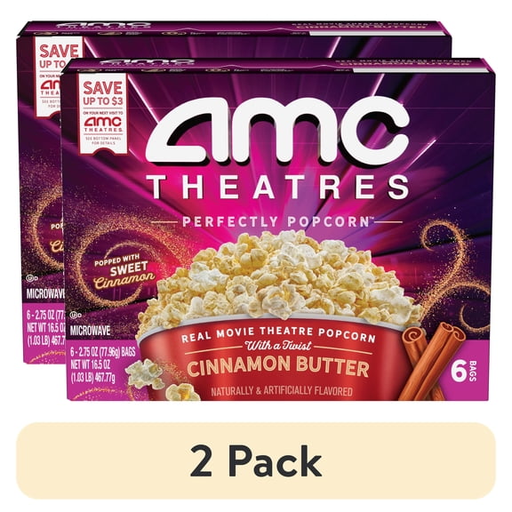(2 pack) AMC Theatres Microwave Popcorn 6ct, Cinnamon Butter, contains allergens (milk)