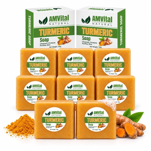 (2 pack) AMVital Turmeric Soap Bar, Organic Handmade Soap for Face & Body, Made with Natural and Organic Ingredients, Gentle Soap, For All Skin Types (Pack of 4)