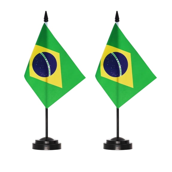 (2 pack) ANLEY Brazil Deluxe Desk Flag Set - 6 x 4 Inch Miniature Brazilian Desktop Flag