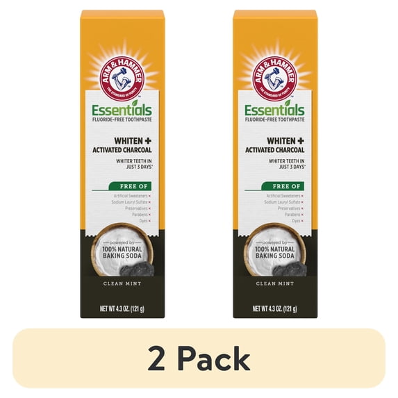 (2 pack) ARM & HAMMER Essentials Fluoride-Free Toothpaste Whiten + Activated Charcoal-One 4.3oz Tube, Clean Mint- 100% Natural Baking Soda