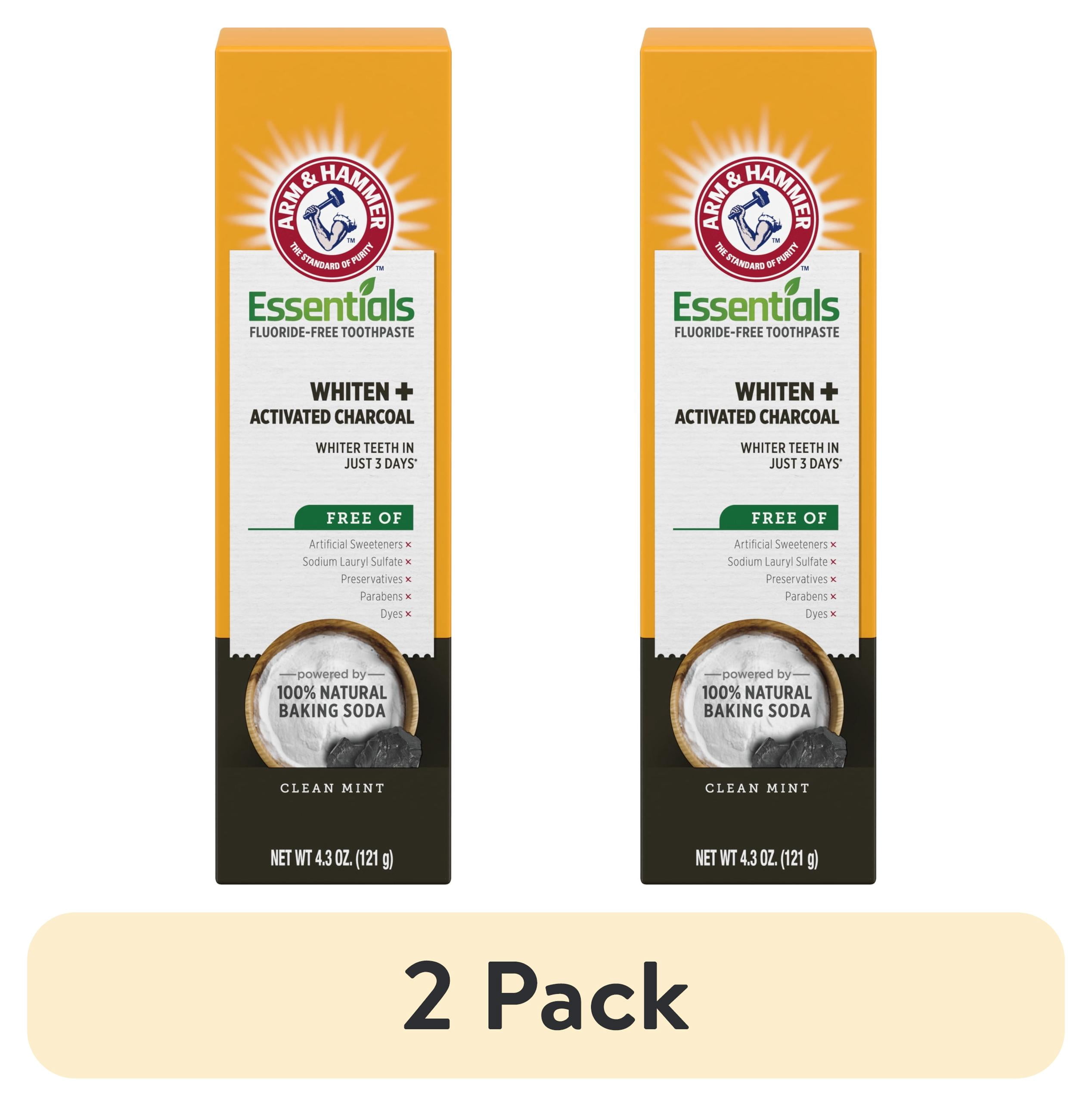 (2 pack) ARM & HAMMER Essentials Fluoride-Free Toothpaste Whiten + Activated Charcoal-One  4.3oz Tube, Clean Mint- 100% Natural Baking Soda
