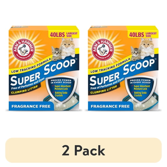 (2 pack) ARM & HAMMER Super Scoop Fragrance Free Clumping Clay Cat Litter, 40 lb
