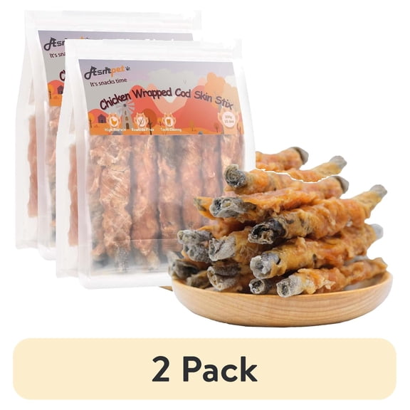 (2 pack) ASMPET Chicken Wrapped Cod Skin Dog Treats Natural Chew for Small Medium Large Dogs, 10.6oz Pouch