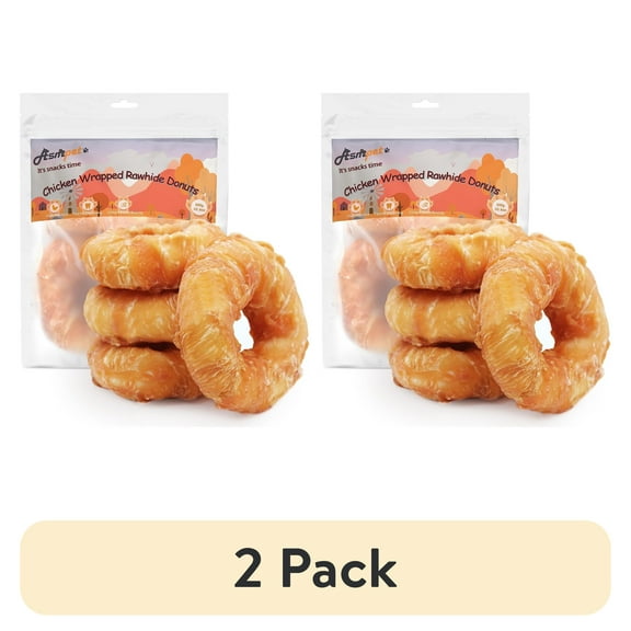 (2 pack) ASMPET Chicken Wrapped Rawhide Donut Dog Treats, 4ps Long Lasting Dog Bone for Medium Large Dogs, 11oz