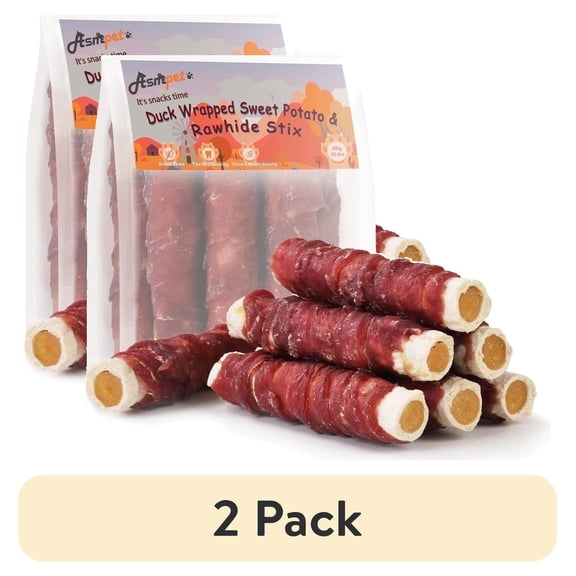 (2 pack) ASMPET Dog Treats Duck Wrapped Rawhide Sweet Potato Stick, Long Lasting Dog Bone, Teeth Cleaning for Medium Large Dogs, 10.6oz