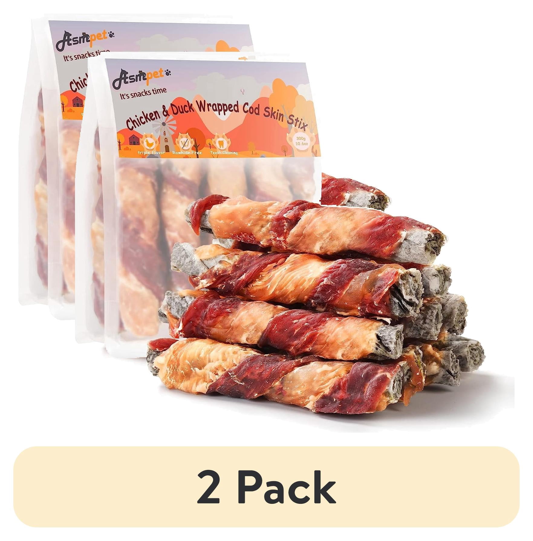 (2 pack) ASMPET Rawhide Free Dog Treats Chicken & Duck Wrapped Cod Skin Stick, Healthy Dog Chew, Training Snacks for Small Medium Large Dogs, 11oz
