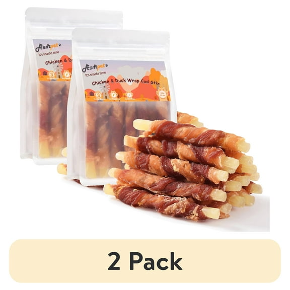 (2 pack) ASMPET Rawhide Free Dog Treats Chicken Jerky & Duck Wrap Cod Sticks, Healthy Treats for Dogs, Soft Chewy Healthy Natural Treats, 15pcs, 11oz