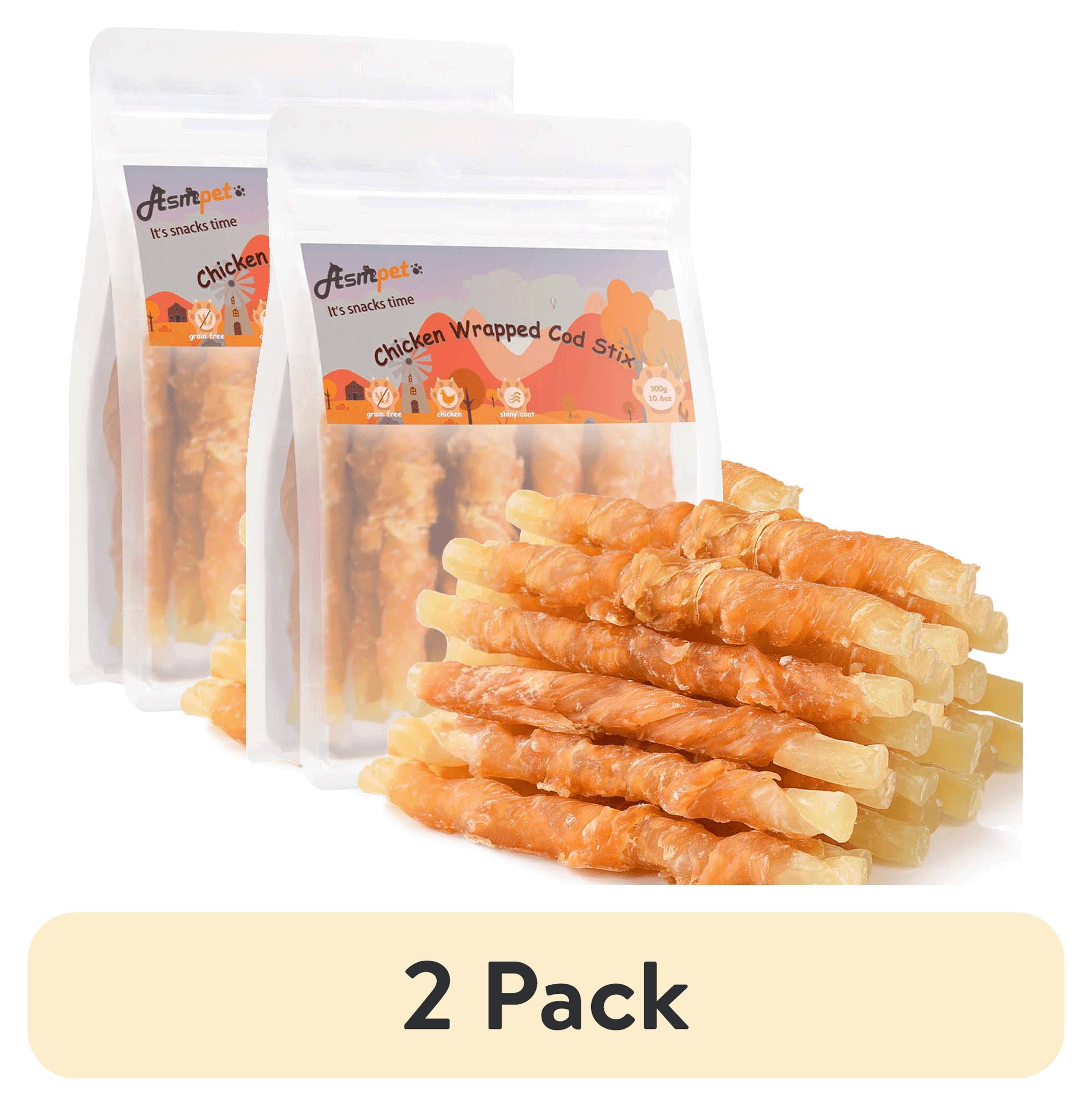(2 pack) ASMPET Rawhide Free Dog Treats Chicken Jerky Wrap Cod Sticks High Protein Treats for Dogs, Soft Chewy Healthy Natural Treats, 15pcs, 11oz