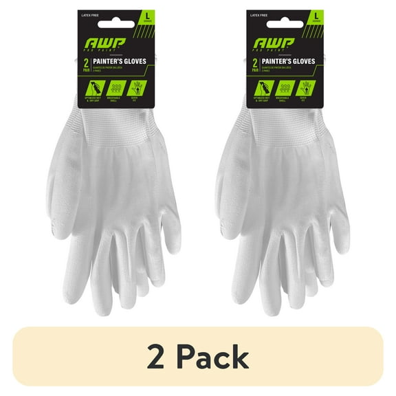 (2 pack) AWP Pro Paint Painter's Work Gloves, Latex Free- Men's Large, White, 2 Pair