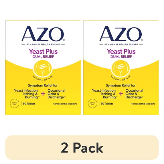(2 pack) AZO Yeast Plus Dual Relief Tablets, Eases Itching, Burning, Odor & Discomfort from Yeast Infections, FSA/HSA Eligible, 60 Count
