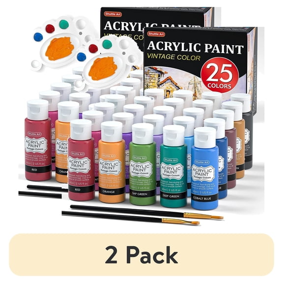 (2 pack) Acrylic Paint, Shuttle Art 25 Vintage Colors Acrylic Paint Set, 2oz/60ml Bottles, Rich Pigmented, Premium Acrylic Paints for Artists, Beginners on Rocks Crafts Canvas Wood Ceramic