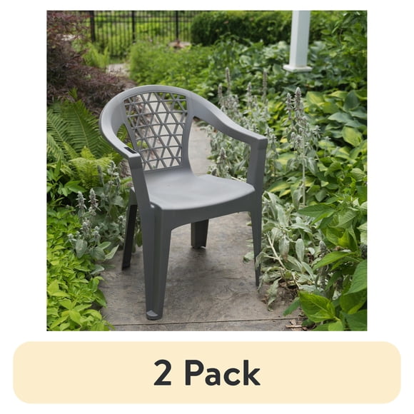 (2 pack) Adams Penza Outdoor Resin Stack Chair with Phone Holder, Plastic Patio Furniture, Gray