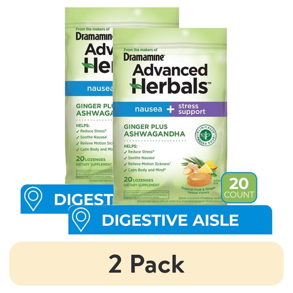 (2 pack) Advanced Herbals by Dramamine, Nausea + Stress Support Lozenges with Ginger & Ashwagandha, 20 Ct