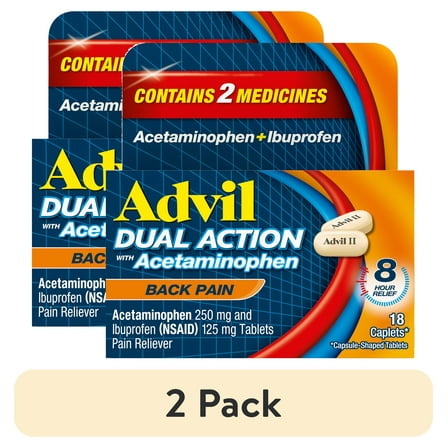(2 pack) Advil Dual Action Pain Relievers for Back Pain Relief Tablet, 250Mg Ibuprofen and 500Mg Acetaminophen, 18 Count