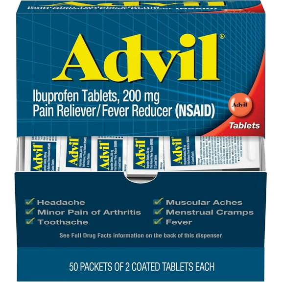 (2 pack) Pack of 4 - Advil Ibuprofen, 200mg, 50 Packets of 2 Coated Tablets